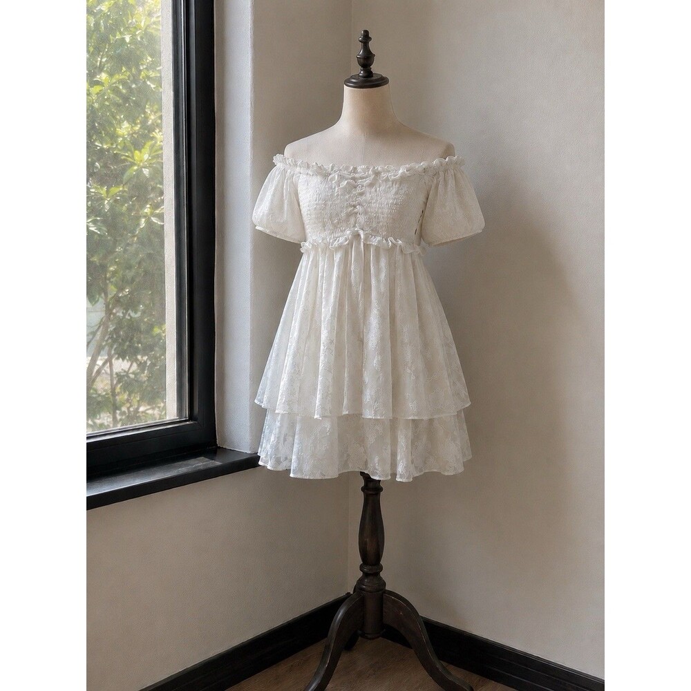 Altar'd State White Dress Babydoll Mini Coastal Cottagecore Off Shoulder Medium